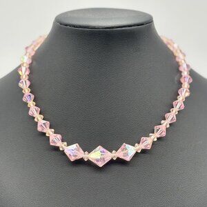 Vintage Crystal or Glass Pink Aurora Borealis Bi-Cone Single Strand Choker 1950s